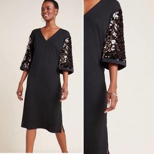 Anthropologie RO+DE Ariel Sequin Black Party Holiday NYE Dress NWT Wide Sleeve M